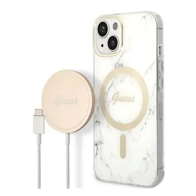 Guess Marble MagSafe Apple iPhone 14 hátlap tok fehér + MagSafe töltő