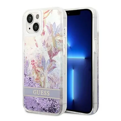 Guess Flower Liquid Glitter Apple iPhone 14 hátlap tok, lila