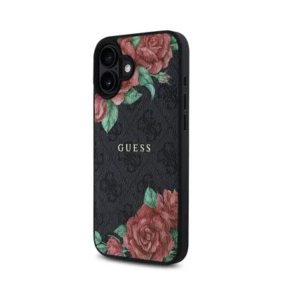 Guess PU Leather 4G Roses iPhone 16 MagSafe műbőr tok, fekete-rózsa