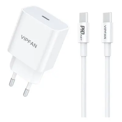 Vipfan E04 USB-C hálózati töltő adapter, QC 3.0 + USB-C kábel, 20W, fehér