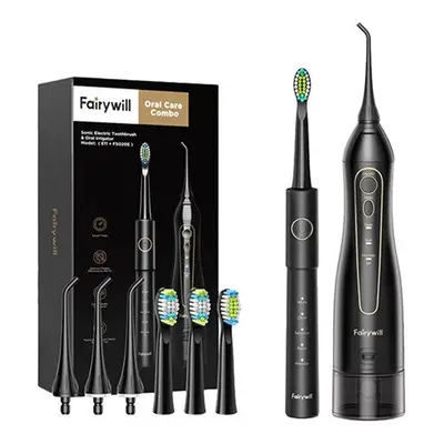 FairyWill FW-5020E + FW-E11 szónikus fogkefe fejkészlettel és szájzuhannyal, fekete