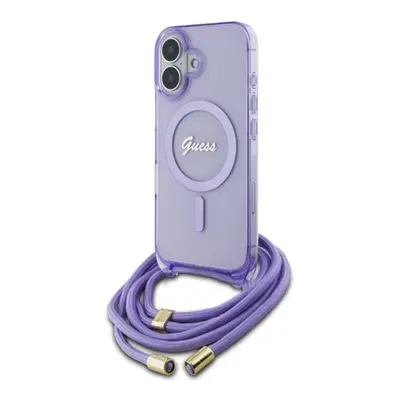 Guess Crossbody Cord Script iPhone 16 MagSafe hátlap tok karpánttal, lila GUHMP16SHCTSGNSU