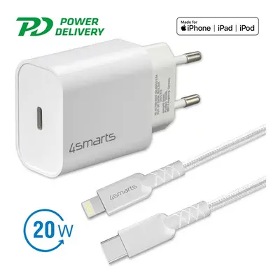 4smarts hálózati gyorstöltő adapter Type-C QC 3.0 + 1.5m Lightning kábel, 20W, fehér