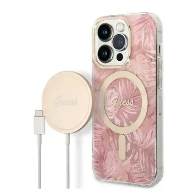 Guess Jungle MagSafe Apple iPhone 14 Pro Max hátlap tok, pink + MagSafe töltő