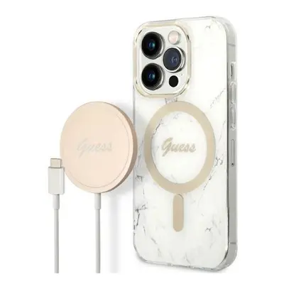 Guess Marble MagSafe Apple iPhone 14 Pro hátlap tok, fehér + MagSafe töltő