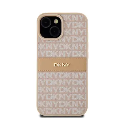 DKNY PU Leather Repeat Pattern Tonal Stripe Apple iPhone 15 hátlap tok, rózsaszín