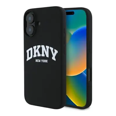 DKNY Silicone White Printed Logo iPhone 16 MagSafe hátlap tok, fekete DKHMP16SSNYACH