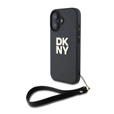 DKNY PU Leather Stack Logo iPhone 16 tok csuklópánttal, fekete