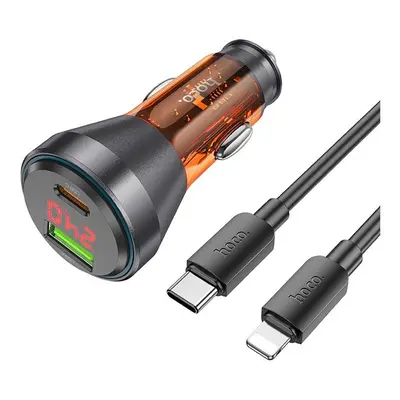 Hoco NZ12B autós töltő USB QC 18W + Type-C 30W, digitális kijelzővel + Type-C kábellel, átlátszó