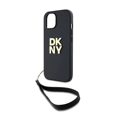 DKNY PU Leather Stack Logo Apple iPhone 14 hátlap tok csuklópánttal, fekete