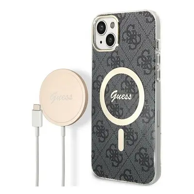 Guess 4G Print MagSafe Apple iPhone 14 hátlap tok, fekete+ MagSafe töltő