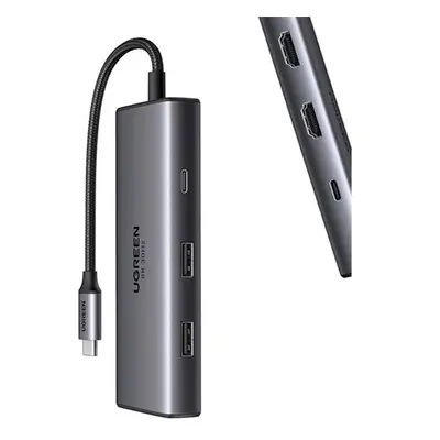 Ugreen CM498 6 in1 adapter USB-C- 2xUSB-A 3.0, USB-C 3.0, 2xHDMI, PD, ezüst