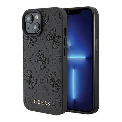 Guess Leather 4G Stamped Apple iPhone 15 hátlap tok, fekete