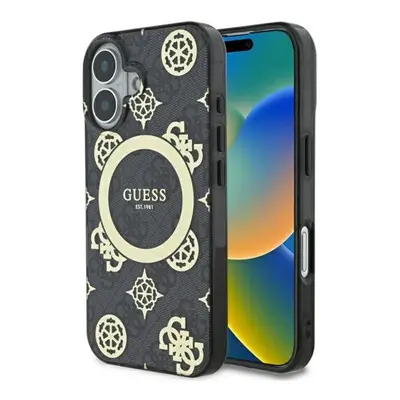 Guess IML Peony On 4G Background iPhone 16 MagSafe kemény hátlap tok, fekete GUHMP16SH4PYEEK