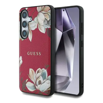 Guess Grained Printed Flower Pattern Samsung Galaxy S25 MagSafe kemény hátlap tok, fukszia