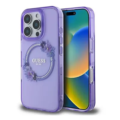 Guess IML Flowers Wreath iPhone 16 Pro Max MagSafe kemény hátlap tok, lila GUHMP16XHFWFCU