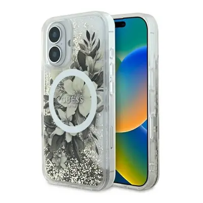 Guess Liquid Glitter Flower iPhone 16 MagSafe kemény hátlap tok, bézs GUHMP16SLFMWTE