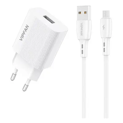 Vipfan E01 USB-A hálózati töltő adapter + 2,4A + MicroUSB kábel, fehér