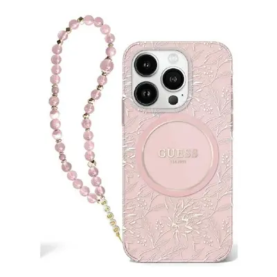 Guess IML Flowers Allover Electro iPhone 16 kemény hátlap tok pánttal, rózsaszín GUHMP16SHCPOFPP