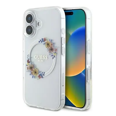 Guess IML Flowers Wreath iPhone 16 Plus MagSafe kemény hátlap tok, átlátszó GUHMP16MHFWFCT