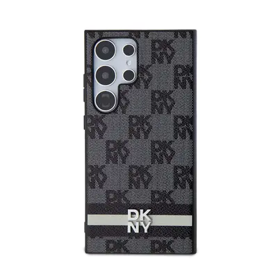 DKNY PU Leather Checkered Pattern and Stripe Samsung Galaxy S24 Ultra hátlap tok, fekete