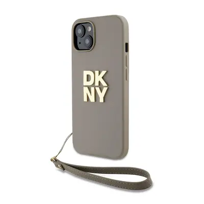 DKNY PU Leather Stack Logo Apple iPhone 15 hátlap tok csuklópánttal, bézs