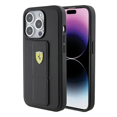 Ferrari Grip Stand Metal Logo iPhone 15 Pro kemény hátlap tok, fekete FEHCP15LGSPSIK