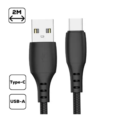 Szövet borítású USB / Type-C töltő- és adatkábel 2m, fekete