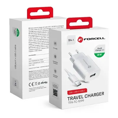 Forcell F-Energy TFK-TC-1099 USB-A + USB-A-USB-C töltő adapter kábellel, QC3.0, 2,4A, 18W, fehér