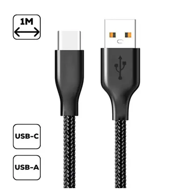 Szövet borítású USB / Type-C töltő- és adatkábel 1m, fekete