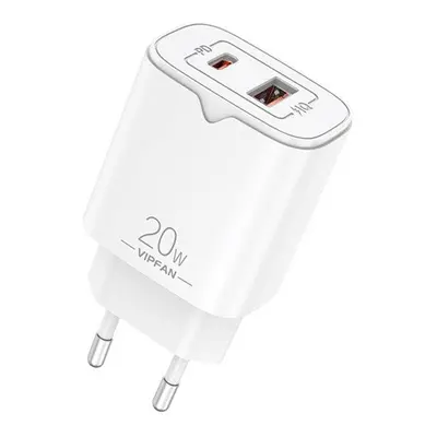 Vipfan E08 USB-A + USB-C hálózati töltő adapter, 20W, PD + QC 3.0, fehér