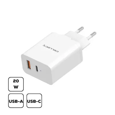 Cellect hálózati töltő Type-C + USB (MTCB-PD20W-W), 20W, fehér