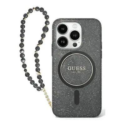 Guess IML Glitter iPhone 16 MagSafe kemény hátlap tok karpánttal, fekete GUHMP16SHGCRELSK