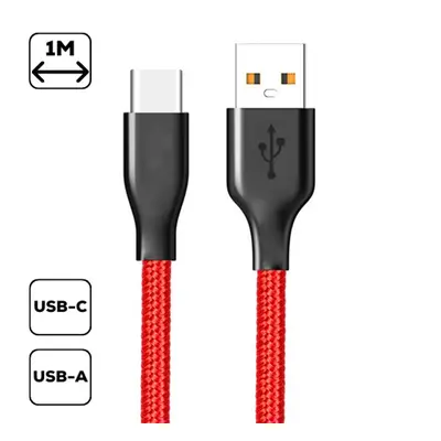 Szövet borítású USB / Type-C töltő- és adatkábel, piros