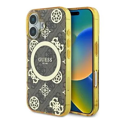 Guess IML Peony On 4G Background iPhone 16 MagSafe kemény hátlap tok, barna GUHMP16SH4PYEEW