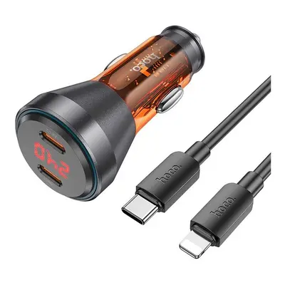 Hoco autós töltő 2 x Type-C QC 30W digitális kijelzővel, Type-C kábellel, (Lightning PD60W) átlá