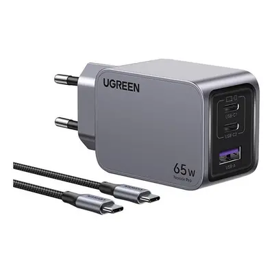 Ugreen Nexode Pro USB-A + 2x USB-C hálózati töltő adapter + USB-C kábel, 65W, 1.5m, fekete