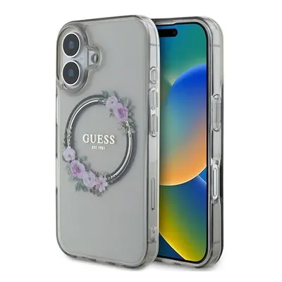 Guess IML Flowers Wreath iPhone 16 MagSafe kemény hátlap tok, fekete GUHMP16SHFWFCK