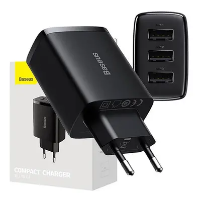 Baseus kompakt gyorstöltő 3x USB, 17W, Fekete