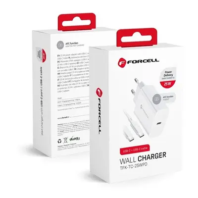 Forcell F-Energy TFK-TC-25WPD USB-C + USB-C-USB-C töltő adapter kábellel, PD, Q.C, 3A, 25W, fehé