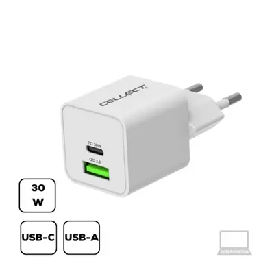 Cellect PD30W QC3.0 hálózati töltő adapter USB + Type-C (MTCB-PD30W-W), 18W, fehér