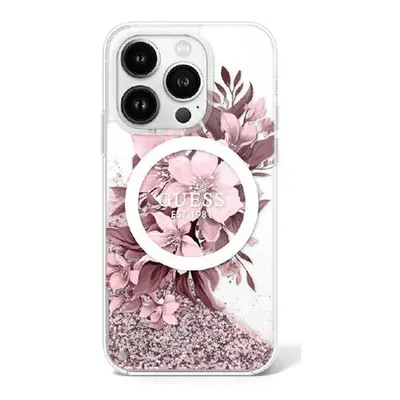 Guess Liquid Glitter Flower iPhone 16 MagSafe kemény hátlap tok, rózsaszín GUHMP16SLFMWTP