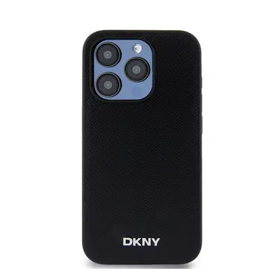 DKNY PU Leather Silver Metal Logo iPhone 15 Pro Max MagSafe tok, fekete