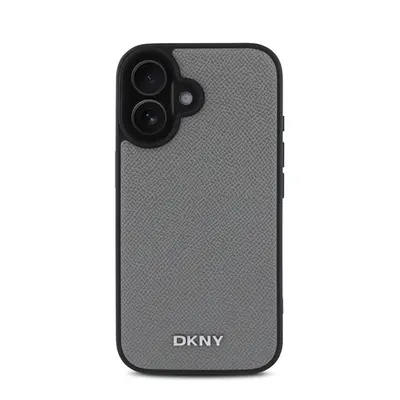 DKNY PU Leather Silver Metal Logo iPhone 16 MagSafe tok, szürke