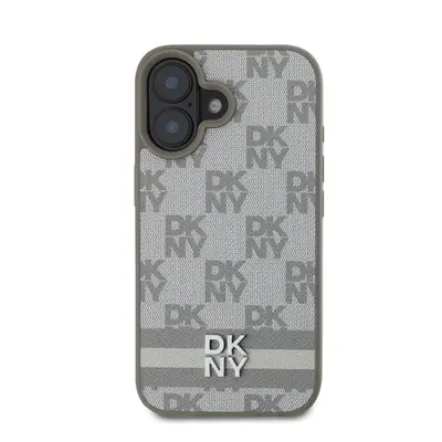 DKNY PU Leather Checkered Pattern and Stripe iPhone 16 tok, bézs