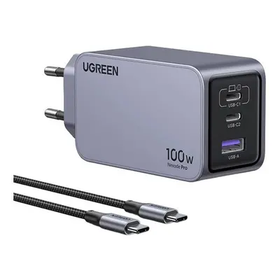 Ugreen Nexode Pro USB-A + 2xUSB-C GaN hálózati töltő adapter, 100W, szürke