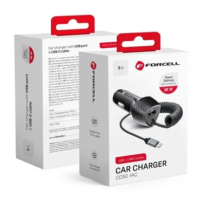 FORCELL F-ENERGY CC50-1AC USB-A autós töltő USB-C kábellel, PD QC3.0, 3A, 38W, carbon fekete