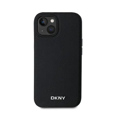 DKNY PU Leather Silver Metal Logo iPhone 15 MagSafe tok, fekete