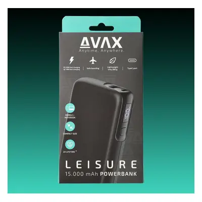 AVAX PB106B LEISURE PD/USB-C 30W+QC 18W 15.000mAh gyorstöltő powerbank, fekete