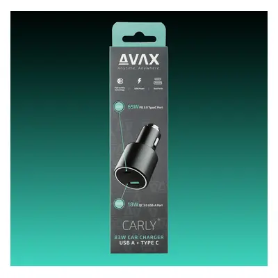 AVAX CC665B CARLY+ 83W Autós töltő USB-C (PD3.1) + USB A, fekete